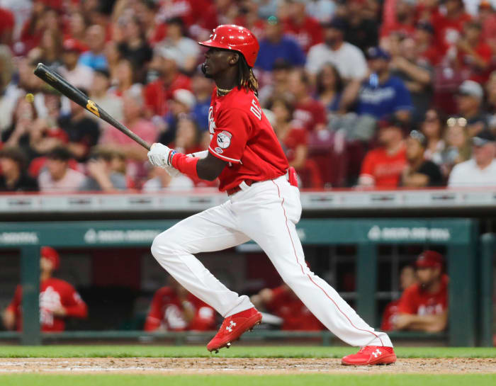 Cincinnati Reds third baseman Elly De La Cruz reacts after hitting his first career hit.